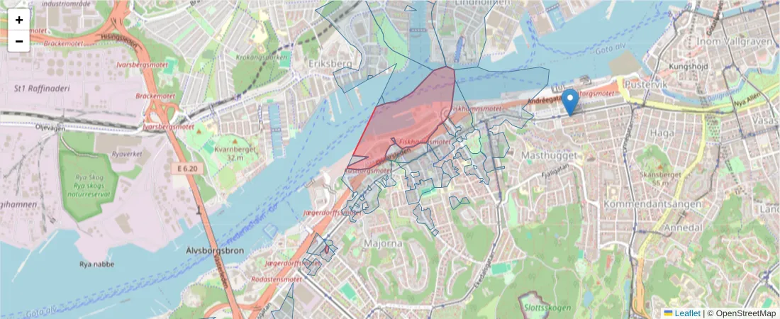 Karta över postnummerområdet  och angränsande postnummer i Sverige