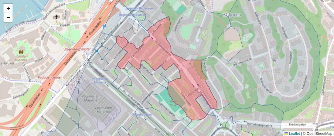 Karta över postnummerområdet  och angränsande postnummer i Sverige