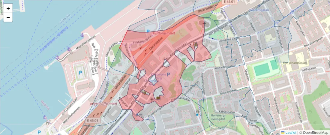 Karta över postnummerområdet  och angränsande postnummer i Sverige