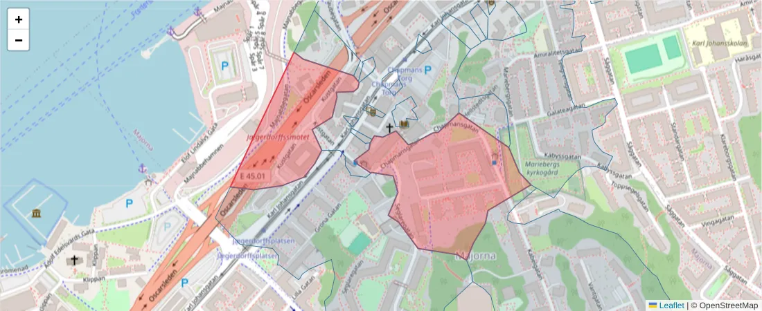 Karta över postnummerområdet  och angränsande postnummer i Sverige