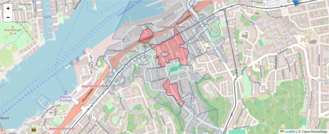 Karta över postnummerområdet  och angränsande postnummer i Sverige
