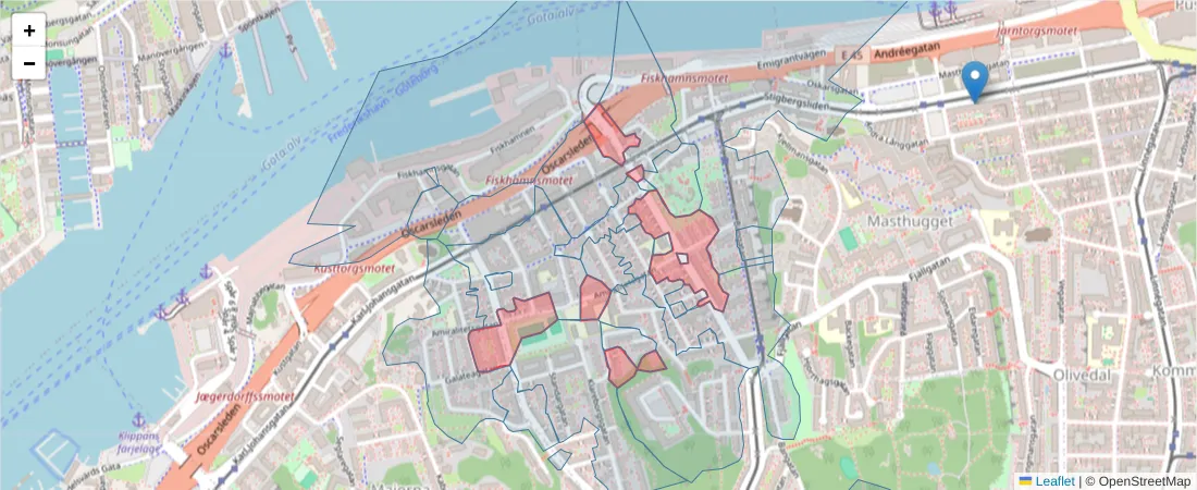 Karta över postnummerområdet  och angränsande postnummer i Sverige