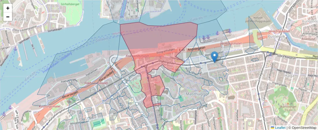 Karta över postnummerområdet  och angränsande postnummer i Sverige