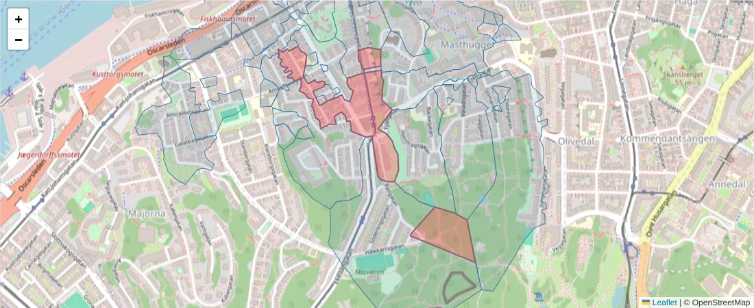 Karta över postnummerområdet  och angränsande postnummer i Sverige