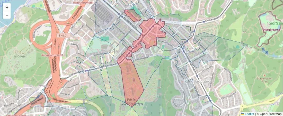 Karta över postnummerområdet  och angränsande postnummer i Sverige