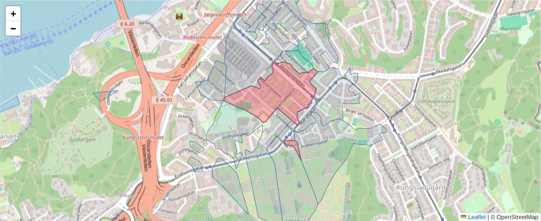Karta över postnummerområdet  och angränsande postnummer i Sverige