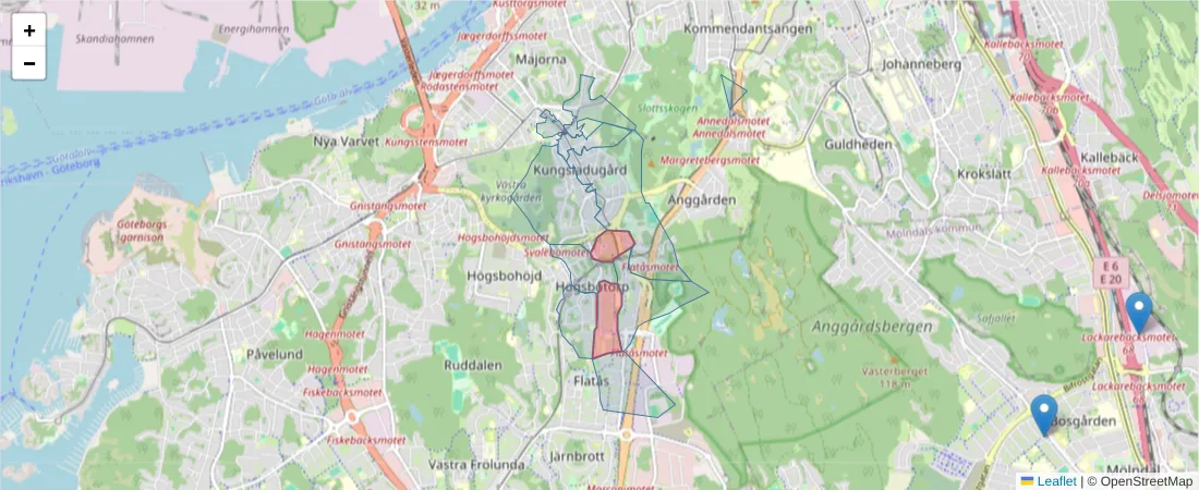 Karta över postnummerområdet  och angränsande postnummer i Sverige