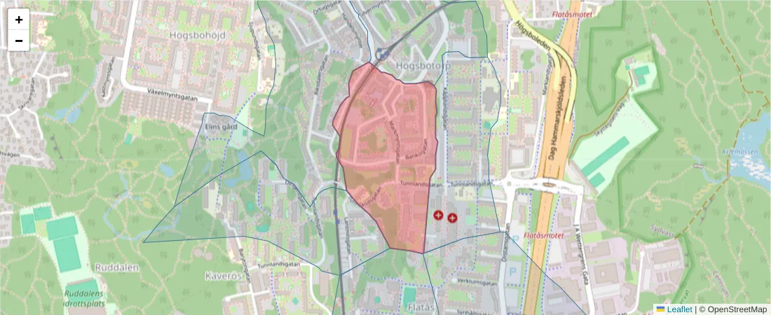 Karta över postnummerområdet  och angränsande postnummer i Sverige
