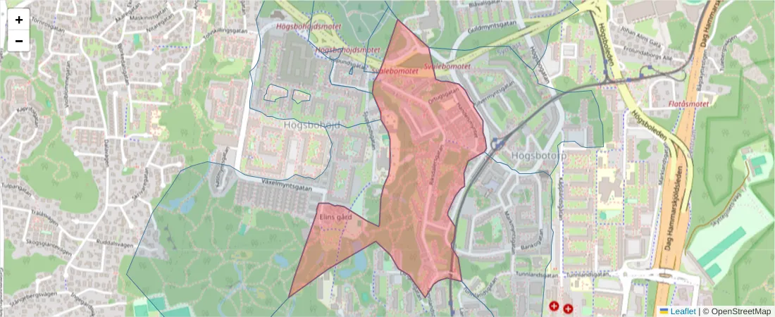 Karta över postnummerområdet  och angränsande postnummer i Sverige