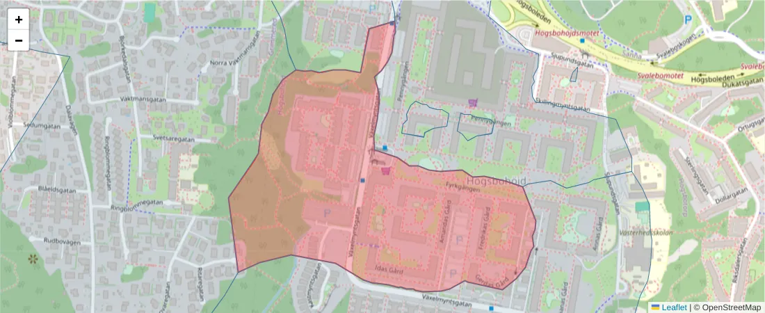 Karta över postnummerområdet  och angränsande postnummer i Sverige