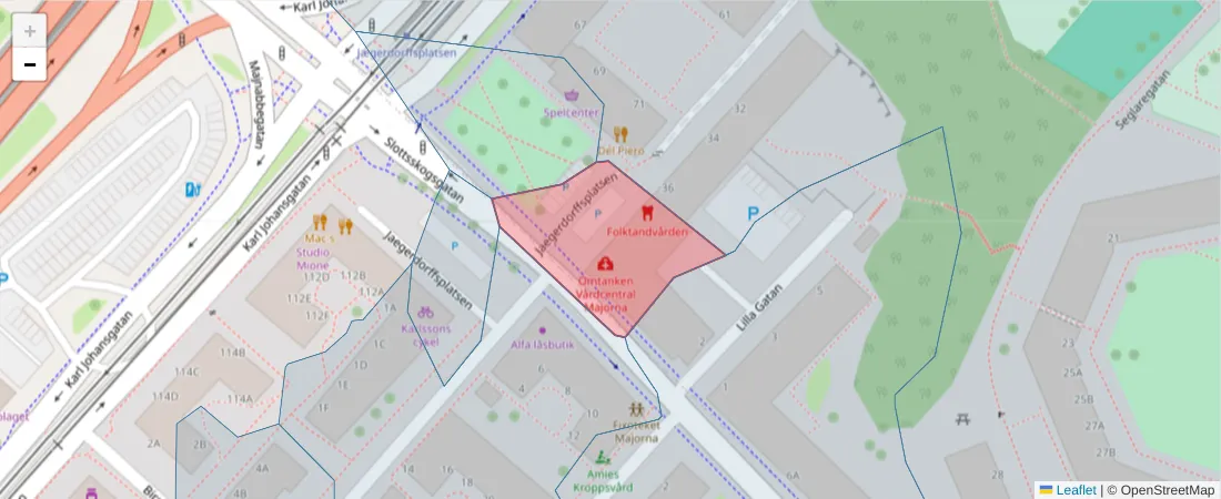 Karta över postnummerområdet  och angränsande postnummer i Sverige