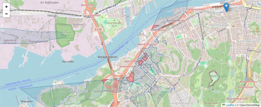 Karta över postnummerområdet  och angränsande postnummer i Sverige