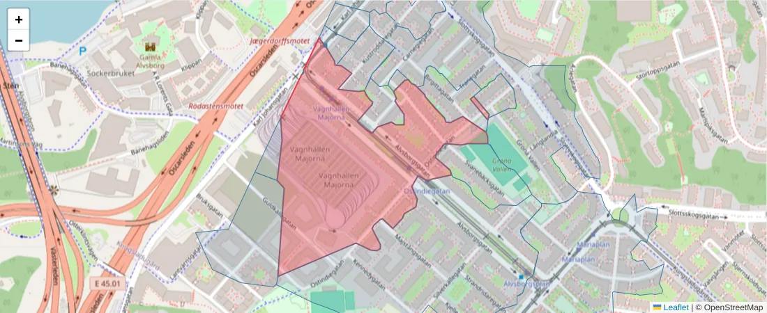 Karta över postnummerområdet  och angränsande postnummer i Sverige