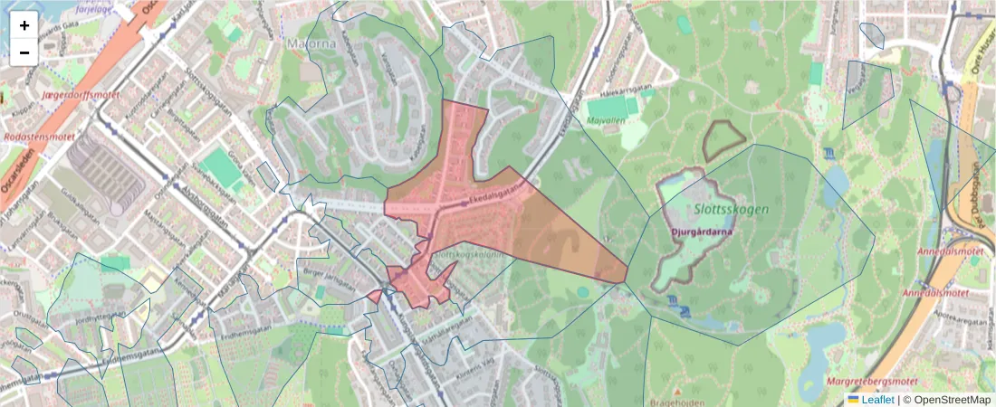 Karta över postnummerområdet  och angränsande postnummer i Sverige