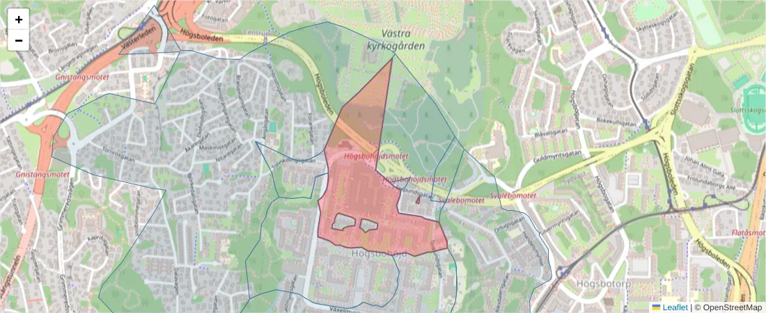 Karta över postnummerområdet  och angränsande postnummer i Sverige