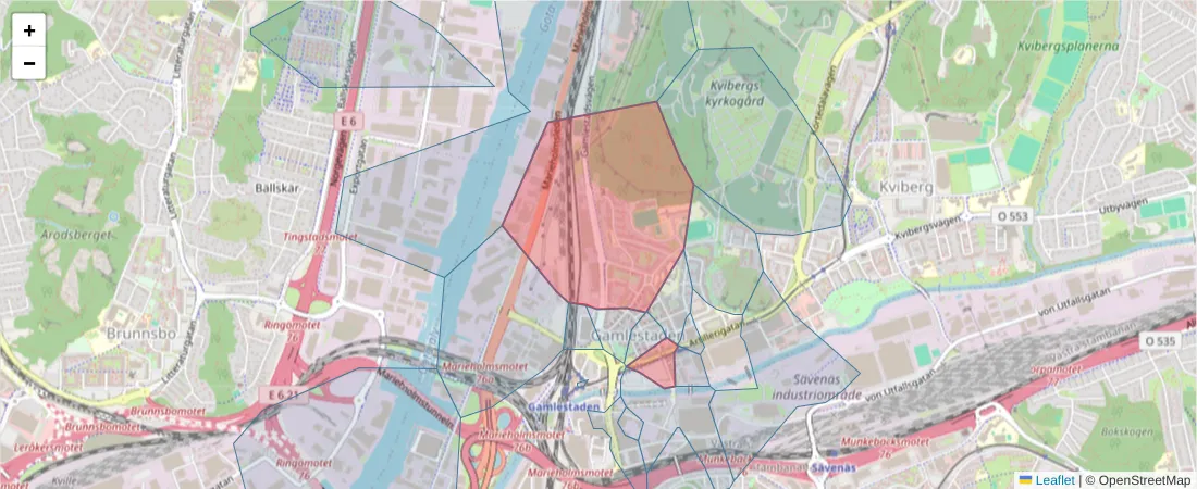 Karta över postnummerområdet  och angränsande postnummer i Sverige