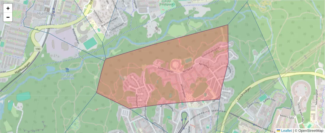 Karta över postnummerområdet  och angränsande postnummer i Sverige