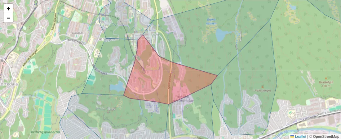 Karta över postnummerområdet  och angränsande postnummer i Sverige