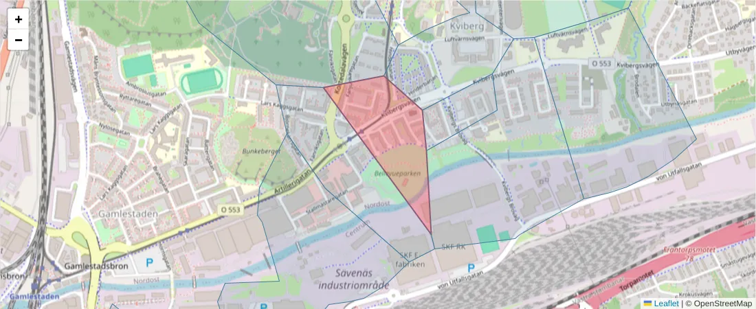 Karta över postnummerområdet  och angränsande postnummer i Sverige