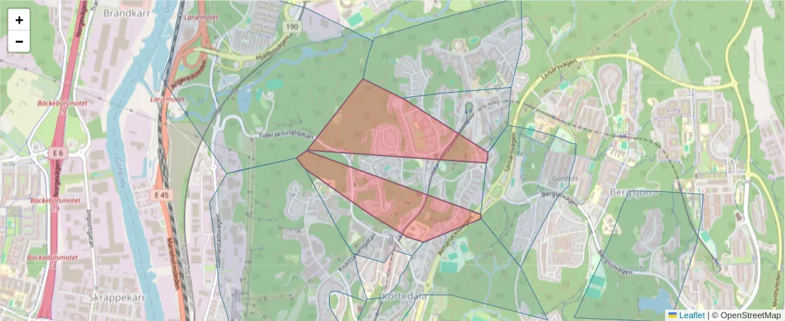 Karta över postnummerområdet  och angränsande postnummer i Sverige