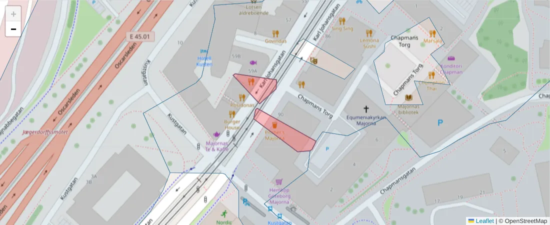 Karta över postnummerområdet  och angränsande postnummer i Sverige