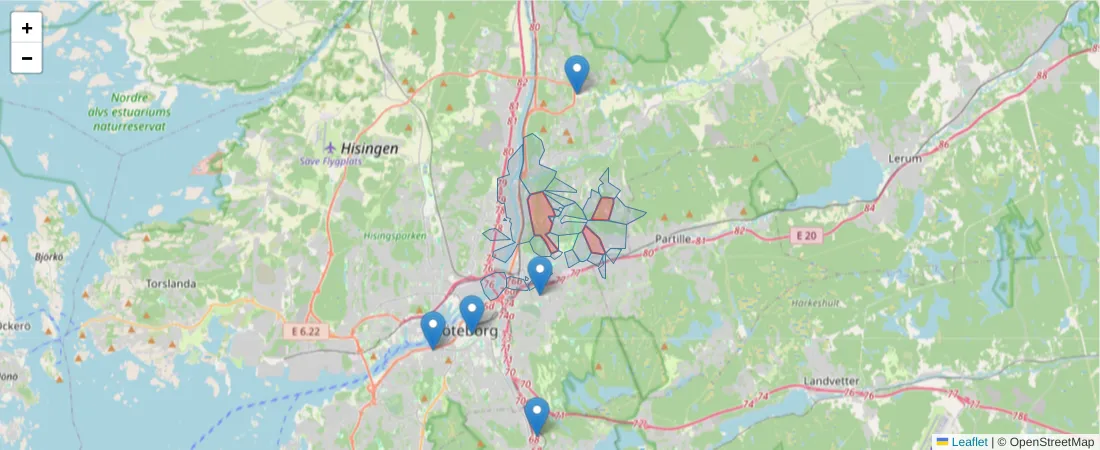 Karta över postnummerområdet  och angränsande postnummer i Sverige