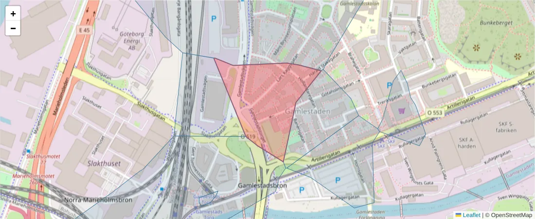 Karta över postnummerområdet  och angränsande postnummer i Sverige