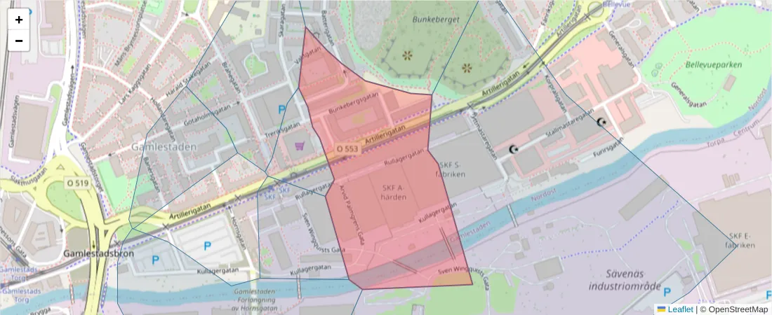 Karta över postnummerområdet  och angränsande postnummer i Sverige
