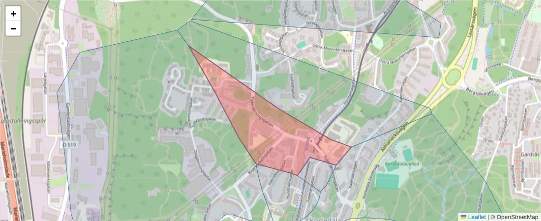 Karta över postnummerområdet  och angränsande postnummer i Sverige