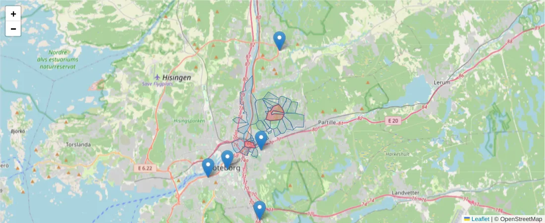 Karta över postnummerområdet  och angränsande postnummer i Sverige