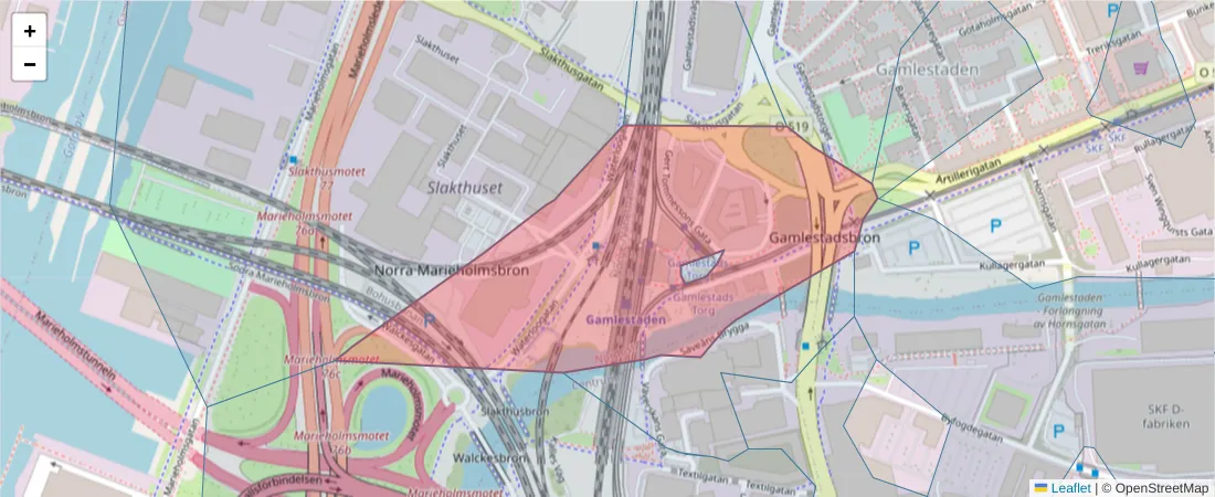 Karta över postnummerområdet  och angränsande postnummer i Sverige