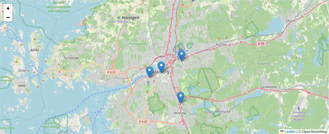 Karta över postnummerområdet  och angränsande postnummer i Sverige