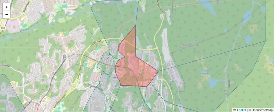 Karta över postnummerområdet  och angränsande postnummer i Sverige