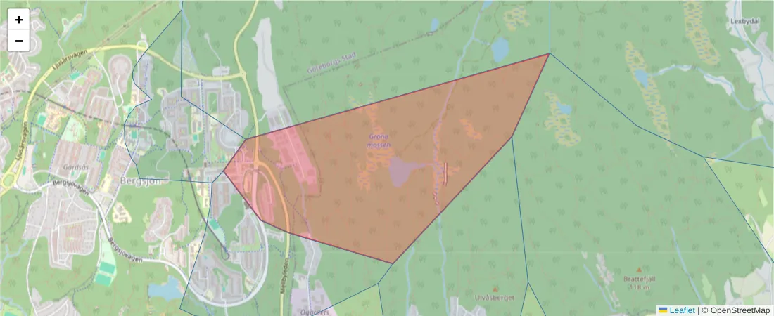 Karta över postnummerområdet  och angränsande postnummer i Sverige