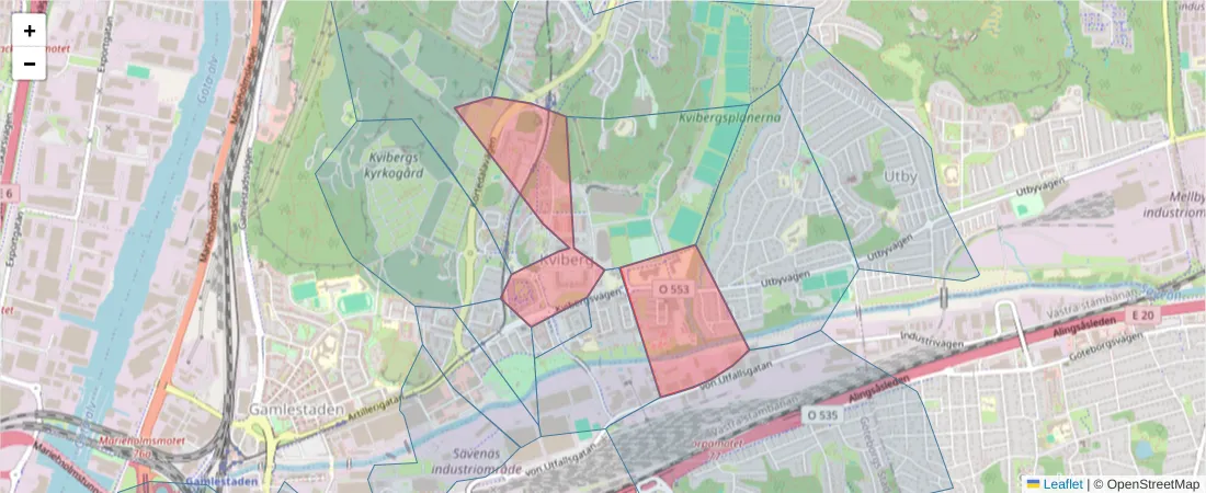 Karta över postnummerområdet  och angränsande postnummer i Sverige