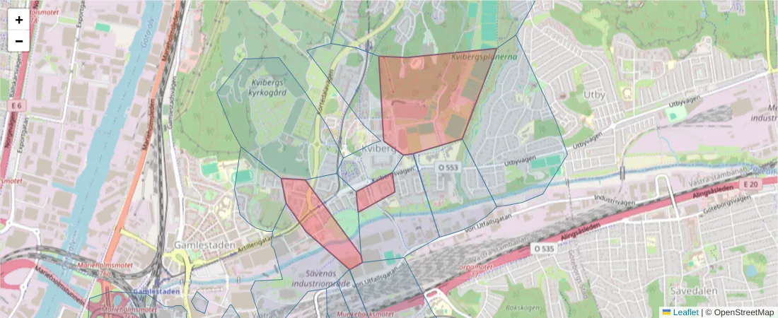 Karta över postnummerområdet  och angränsande postnummer i Sverige
