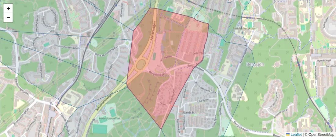 Karta över postnummerområdet  och angränsande postnummer i Sverige
