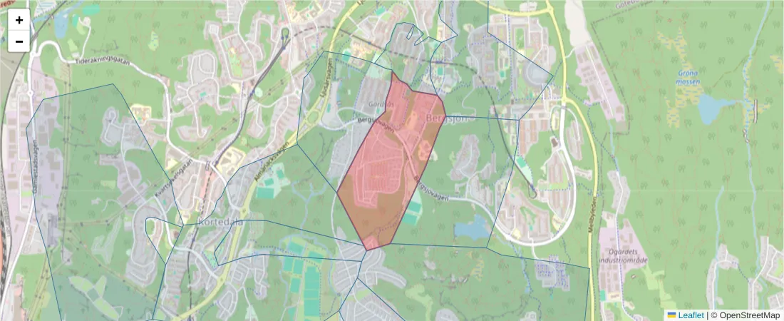 Karta över postnummerområdet  och angränsande postnummer i Sverige