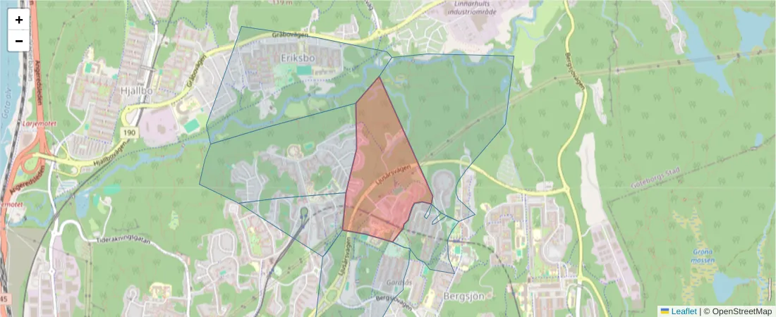 Karta över postnummerområdet  och angränsande postnummer i Sverige