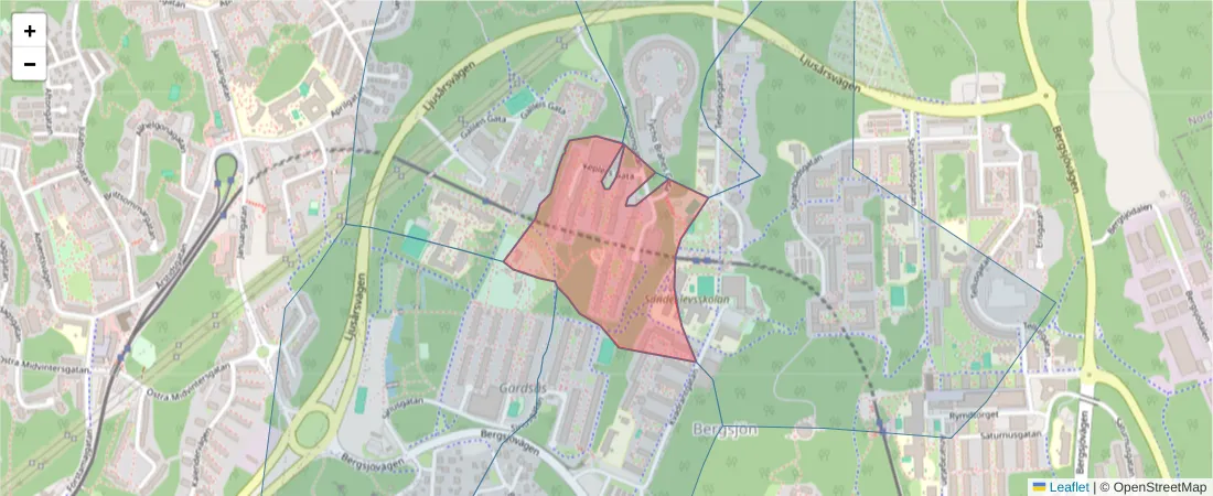 Karta över postnummerområdet  och angränsande postnummer i Sverige