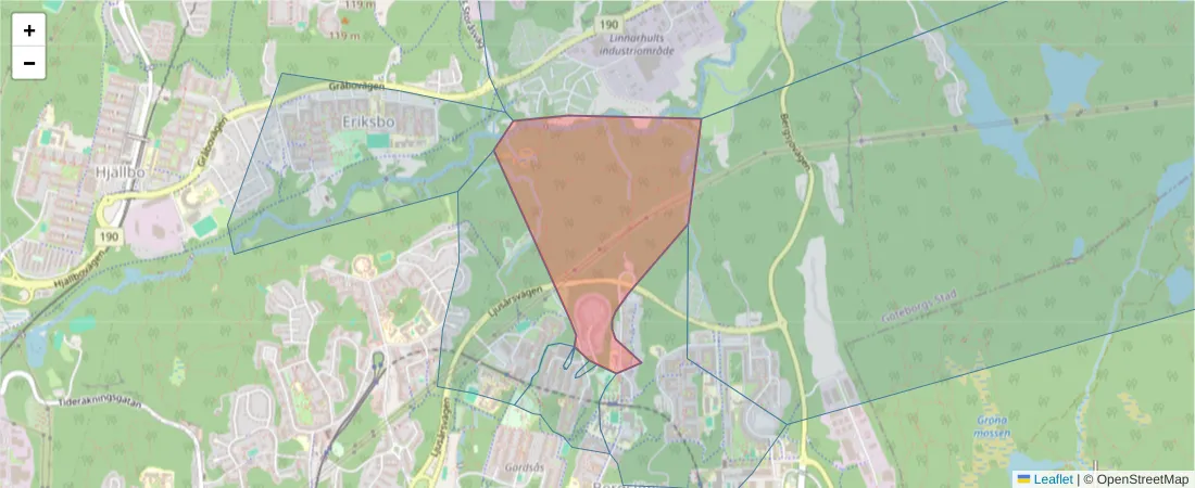 Karta över postnummerområdet  och angränsande postnummer i Sverige