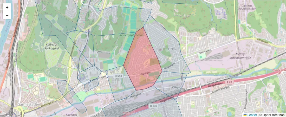 Karta över postnummerområdet  och angränsande postnummer i Sverige