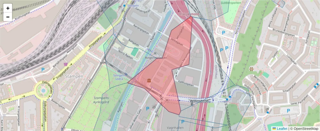 Karta över postnummerområdet  och angränsande postnummer i Sverige