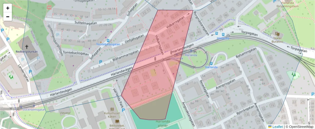 Karta över postnummerområdet  och angränsande postnummer i Sverige