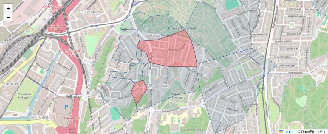Karta över postnummerområdet  och angränsande postnummer i Sverige