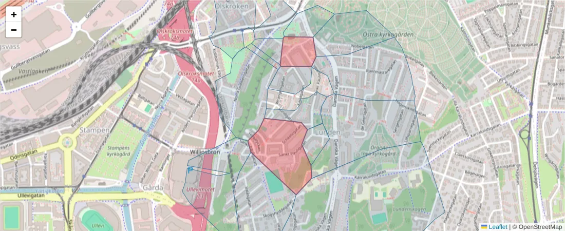 Karta över postnummerområdet  och angränsande postnummer i Sverige