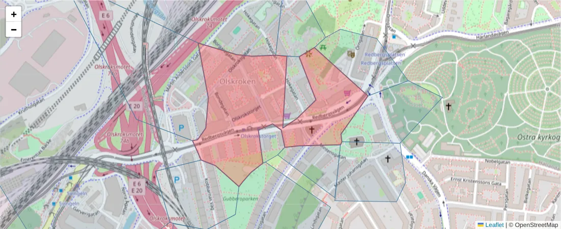 Karta över postnummerområdet  och angränsande postnummer i Sverige