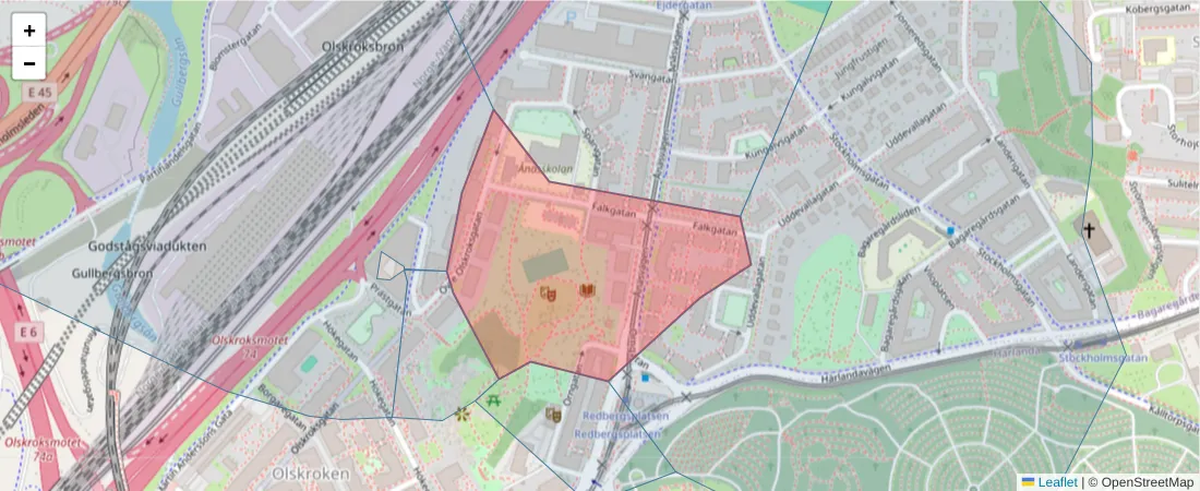Karta över postnummerområdet  och angränsande postnummer i Sverige