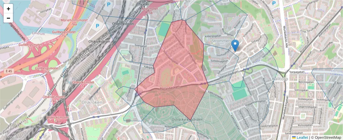 Karta över postnummerområdet  och angränsande postnummer i Sverige