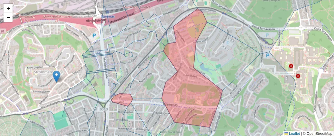 Karta över postnummerområdet  och angränsande postnummer i Sverige